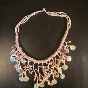 Handmade Beaded Shell Necklace Statement Pendant Mother of Pearl Dangles Pink